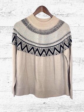 Cream and Black Crew Neck Sweater with Fair Isle Pattern